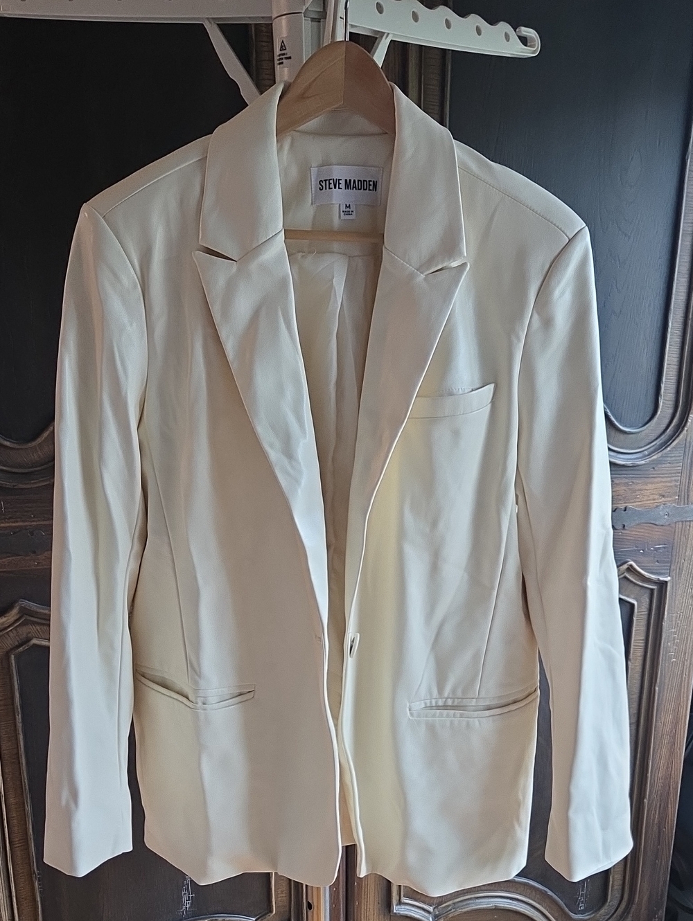 Steve Madden Imitation Leather Ivory Single-Button Blazer